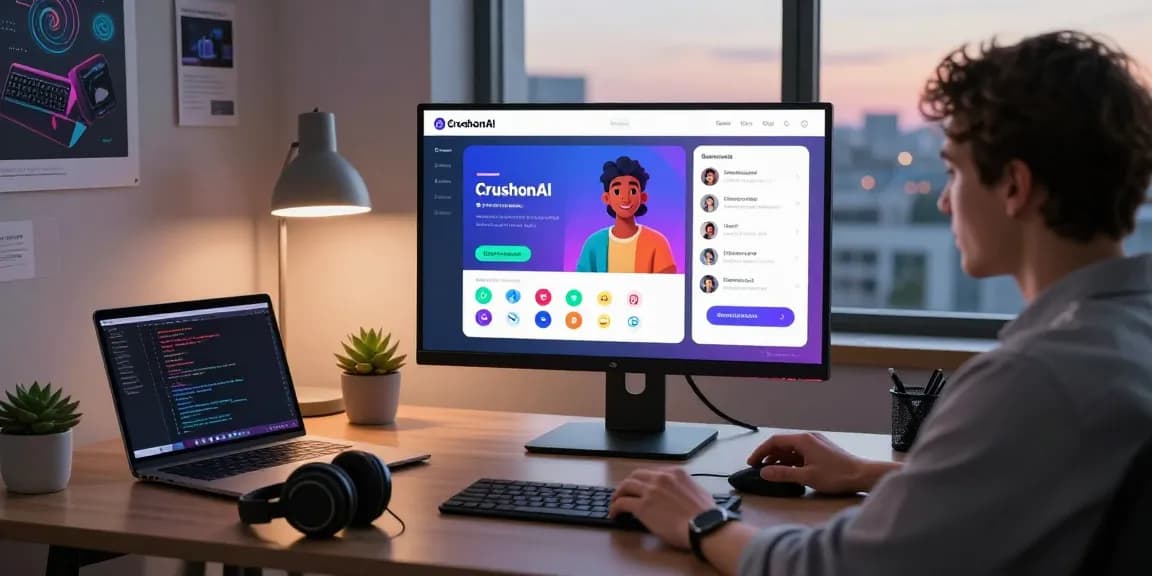 Engaged user interacting with CrushonAI's vibrant chat interface in a modern digital workspace.