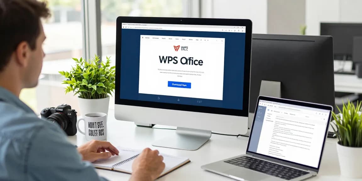 Download WPS Office in a modern workspace with a user engaging on a desktop, highlighting productivity tools and software.