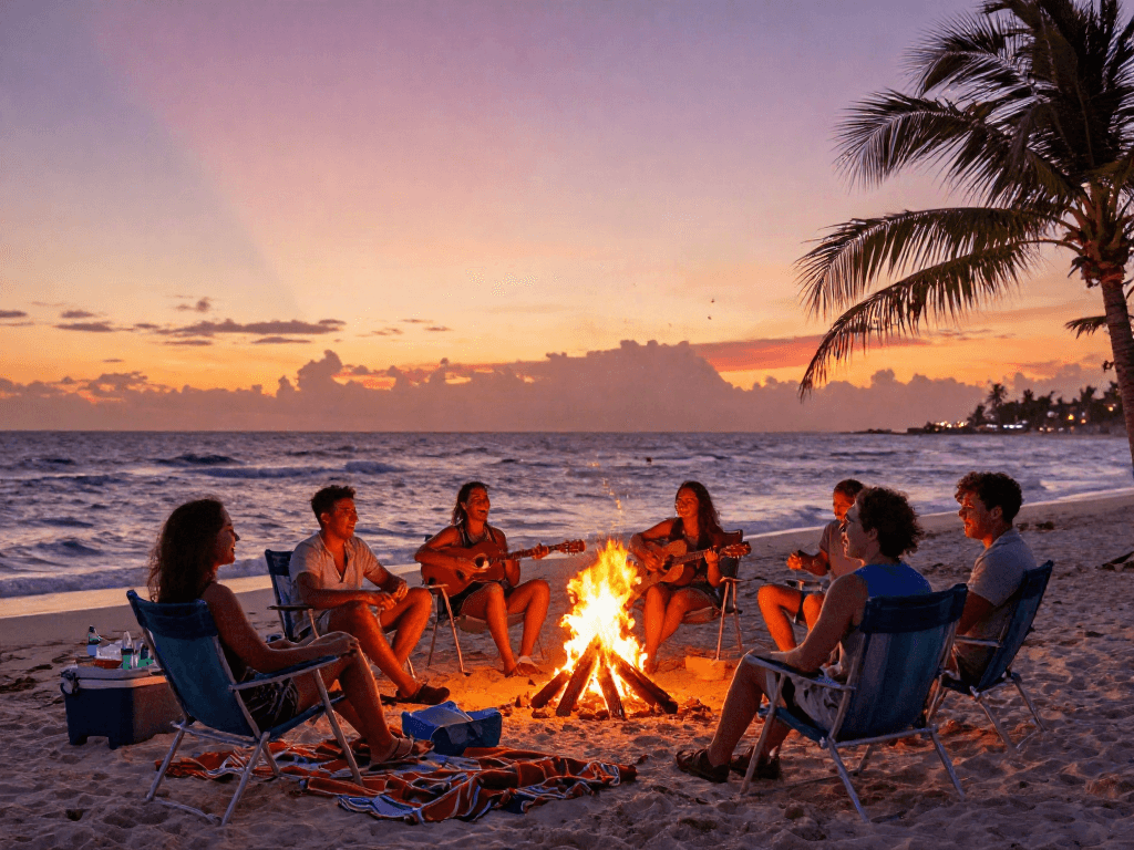 Friends enjoying a beach bonfire with sunset lighting, embodying the spirit of rokok88 vacations.