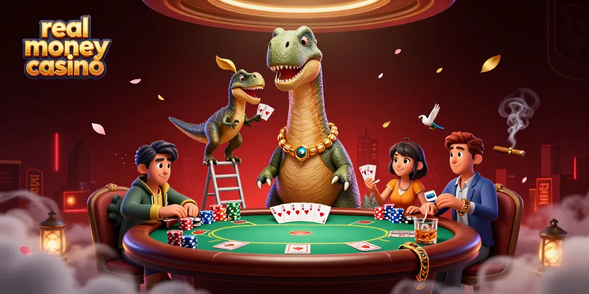 Join the exciting action at a real money casino with cartoon dinosaurs and poker excitement