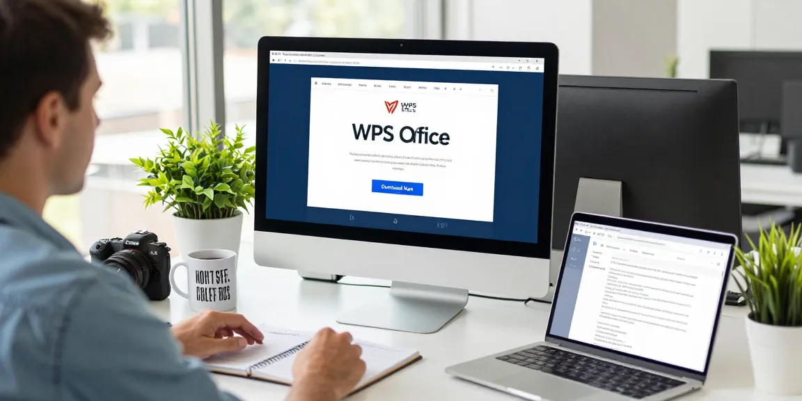 Download WPS Office in a modern workspace with a user engaging on a desktop, highlighting productivity tools and software.