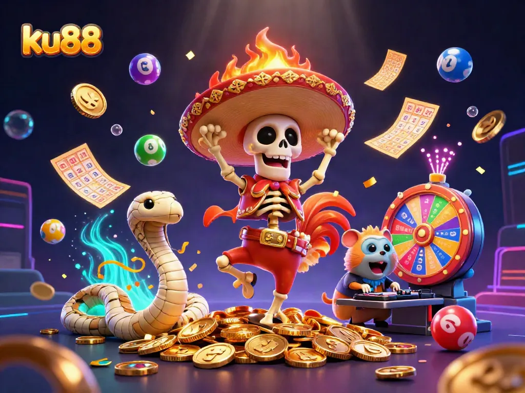 Experience thrilling moments at ku88 with vibrant gaming characters celebrating amidst golden coins and luck.