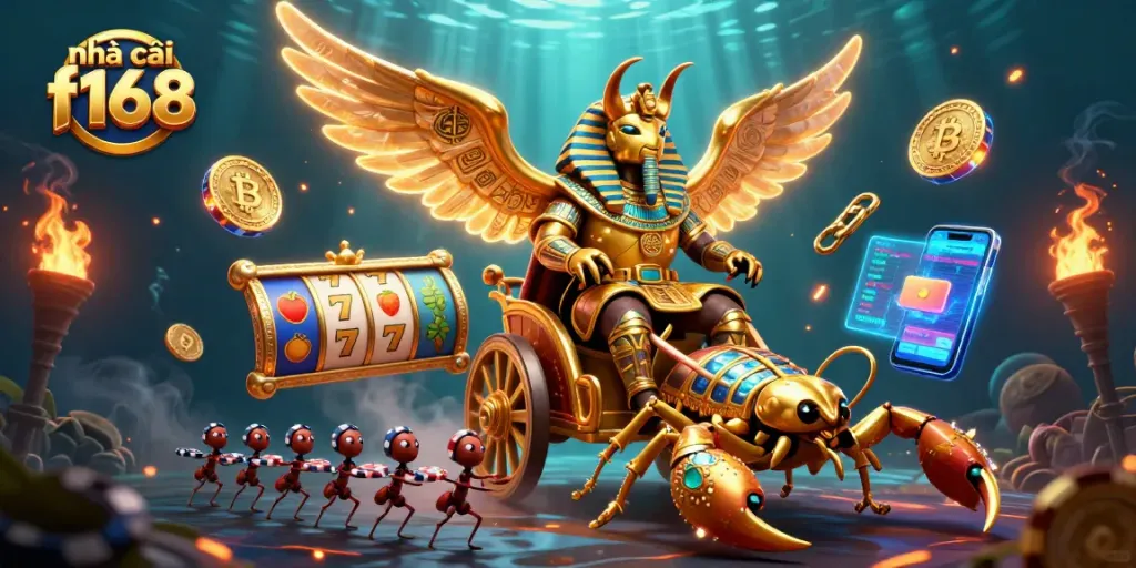 Experience the excitement at nhà cái f168 with a vibrant illustration of a golden scarab beetle and dynamic casino elements.