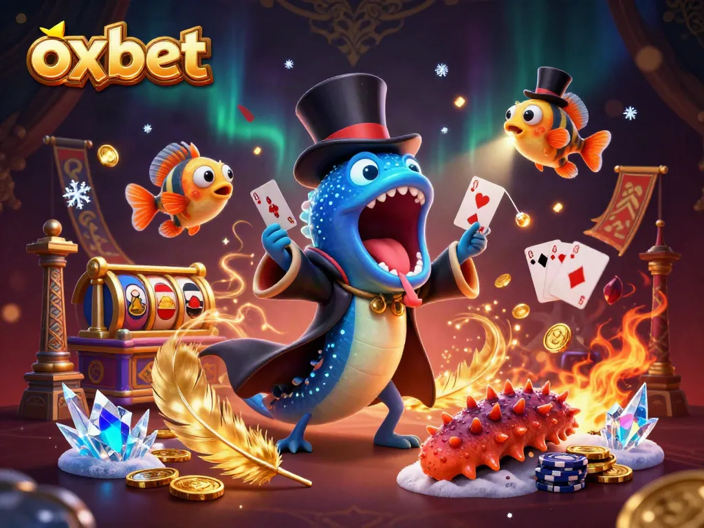 Watch the bioluminescent gulper eel at OXBET perform thrilling card magic in a vibrant casino setup.