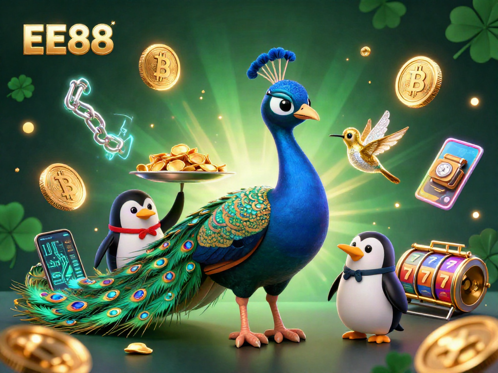 EE88 showcases a vibrant 3D illustration capturing the excitement of online gaming with cartoon characters and casino elements.