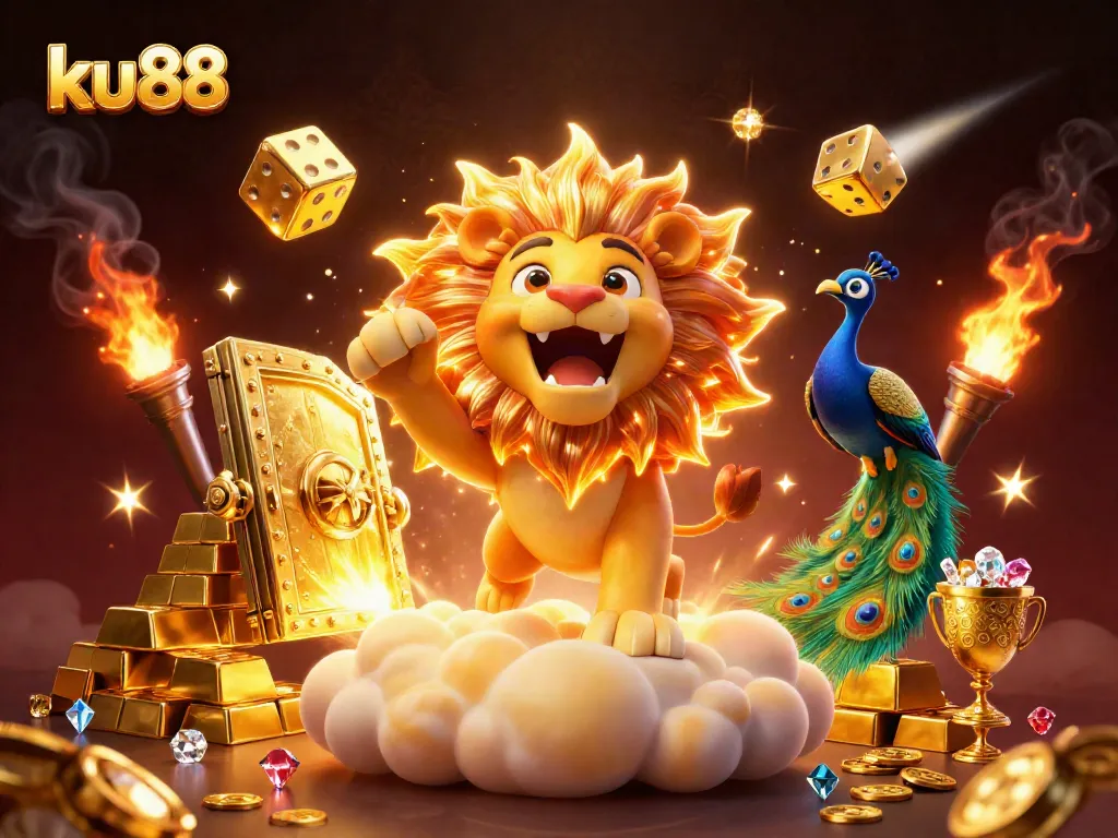 Experience the excitement at ku88 with a vibrant 3D illustration depicting thrilling casino elements and rich treasures.