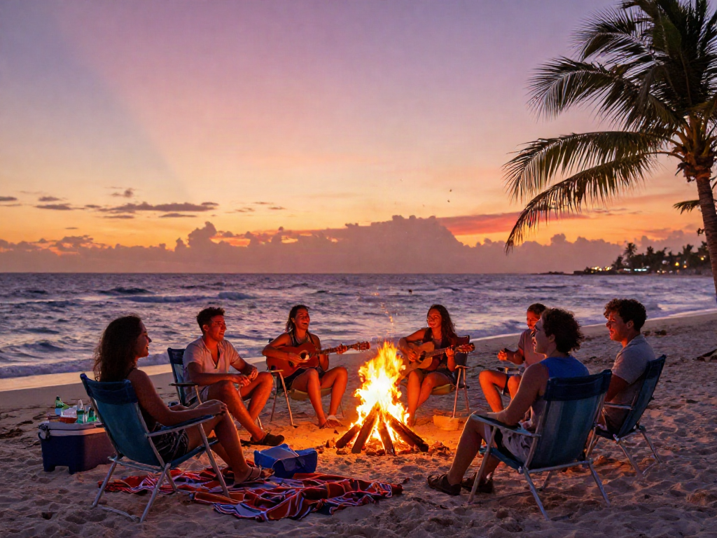 Friends enjoying a beach bonfire with sunset lighting, embodying the spirit of rokok88 vacations.