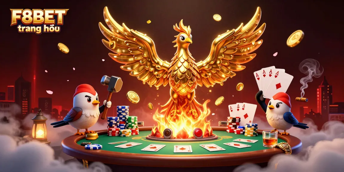 Engage with F8BET trang chủ and witness a molten phoenix emerging from gold, set in a vibrant casino scene.
