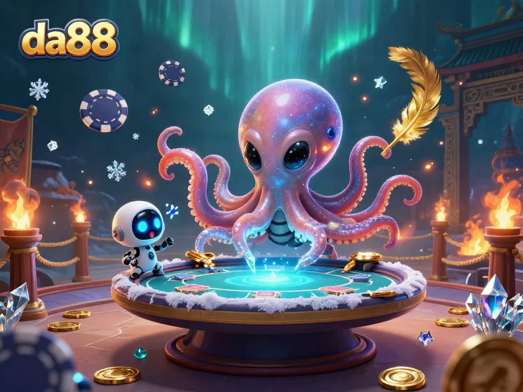 Experience thrilling poker action with da88's alien octopus and robot amidst vibrant casino scenes.