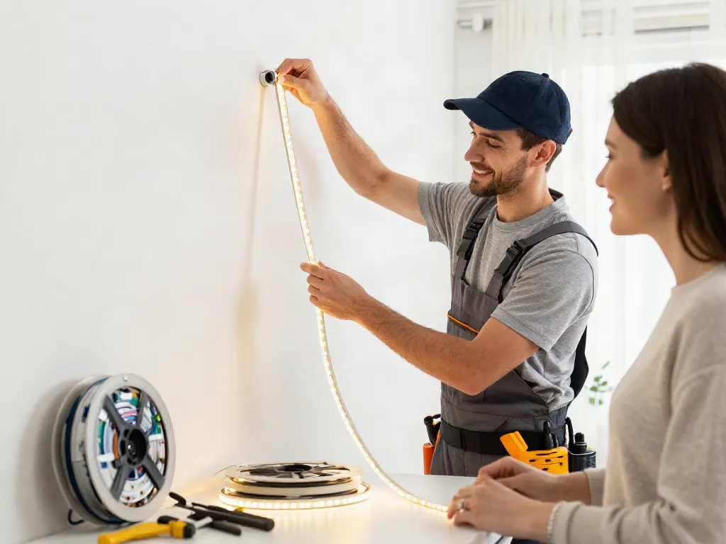 Instalare banda LED 220V de către un profesionist în servicii locale de iluminat.