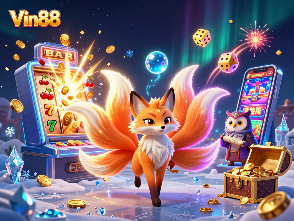 Spin the ultimate Vin88 slot machine with vibrant characters and prizes bursting forth in celebration.