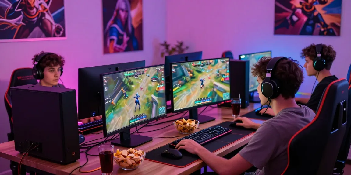Engaging gaming scene with players focusing on rokok88 gameplay, vibrant LED lights in a competitive atmosphere