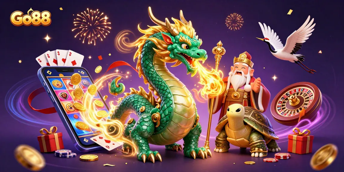 Experience the thrill of Go88 with a vibrant digital scene packed with lucky characters and casino elements.