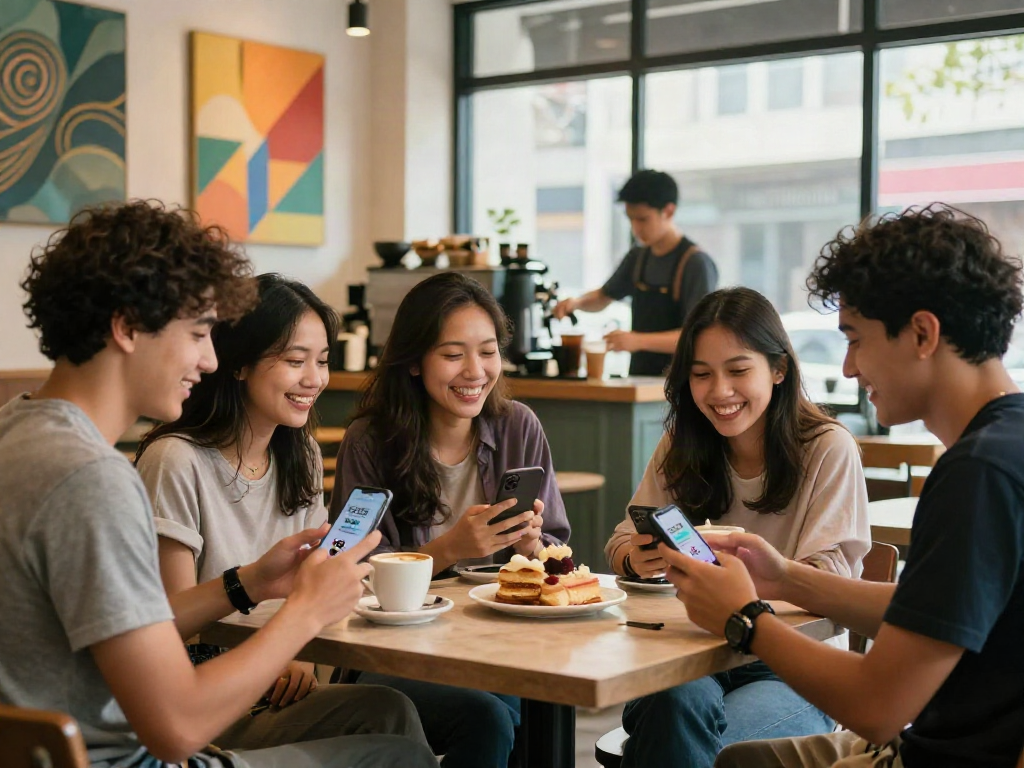 Friends enjoying coffee and discussing rokok88 link alternatif in a vibrant café.