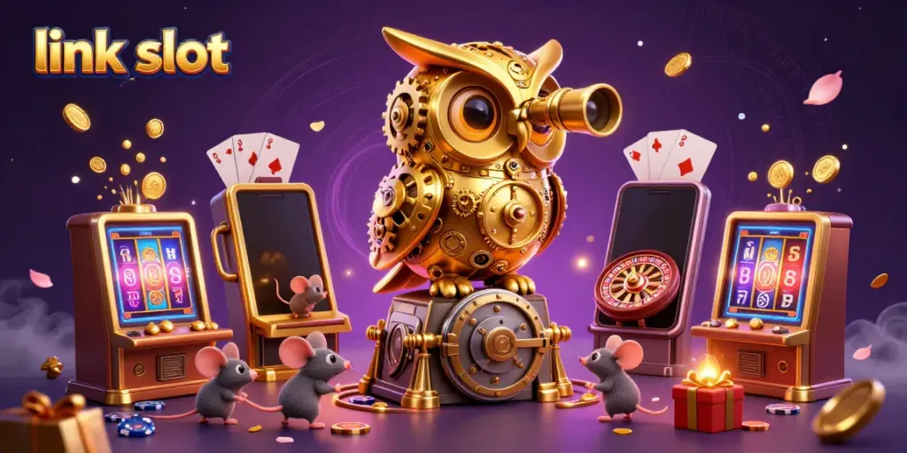 Engaging 3D scene of a golden owl and wind-up mice enjoying link slot games in a lively casino.