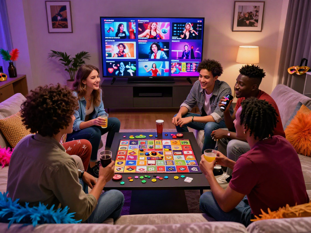 Friends enjoying interactive sex games in a cozy living room, creating a fun atmosphere.
