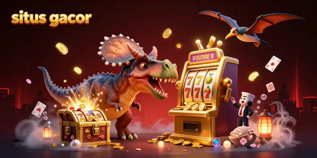 Situs gacor themed 3D illustration of a dinosaur headbutting a golden slot machine for jackpot coins.