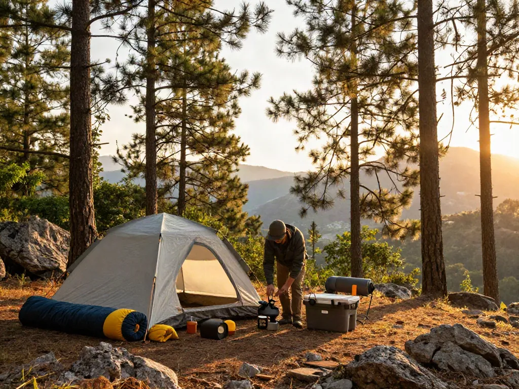 Camping gear set up in nature, showcasing https://www.anniescollections.com outdoor adventure essentials for memorable trips.