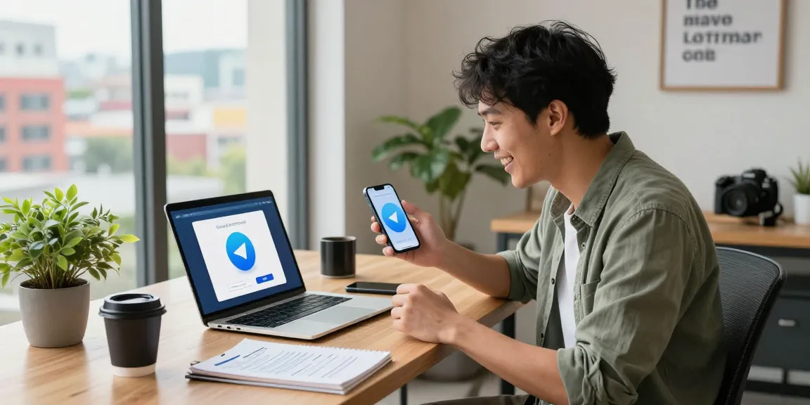 Excited user engaging with Telegram Download on laptop and smartphone while setting up the app in a modern home office.