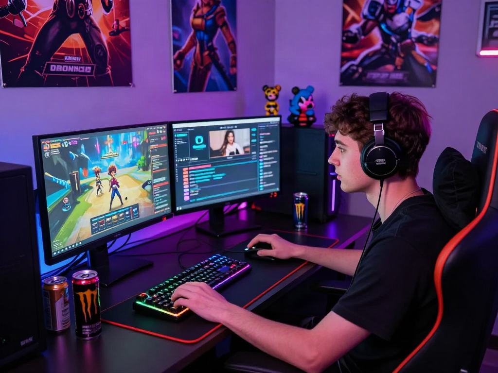 Gamer immersed in a captivating porn game, dual monitors, and vibrant gaming decor.