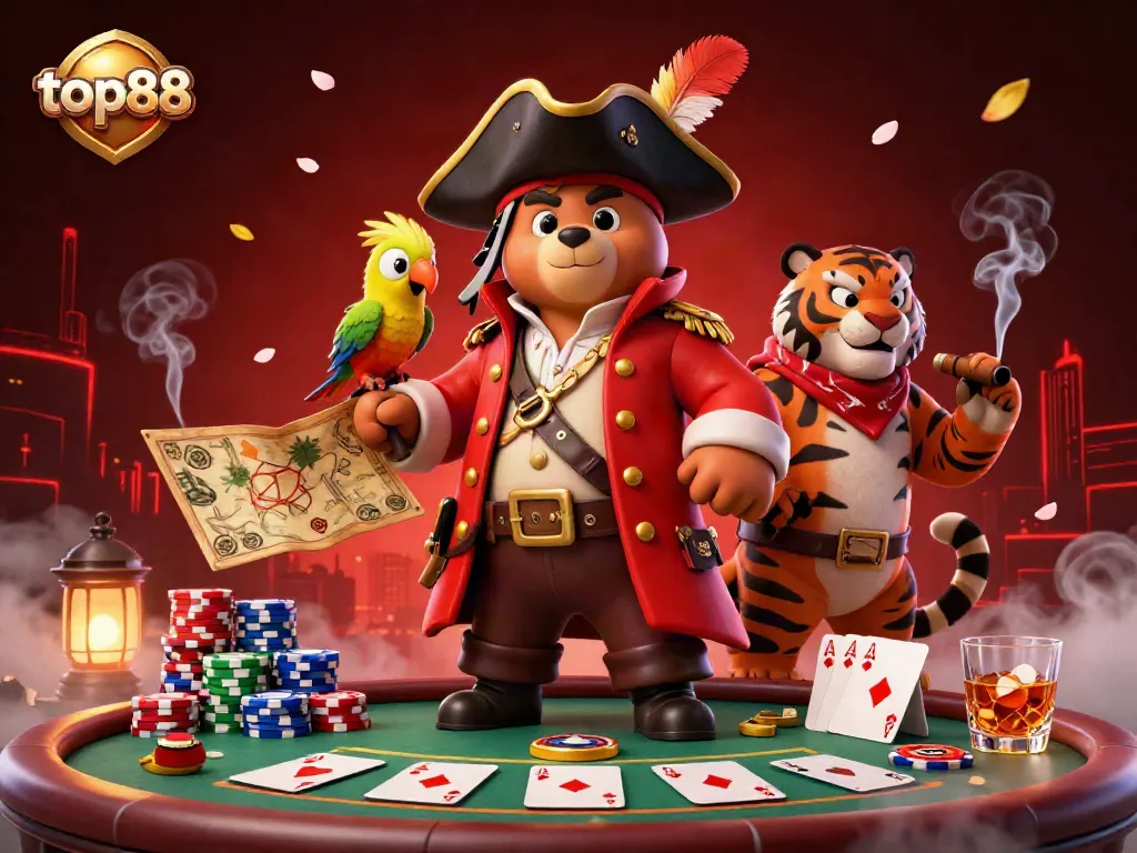 Join the action with top88 at a vibrant casino scene with a pirate captain bear and tiger, rich in poker elements.