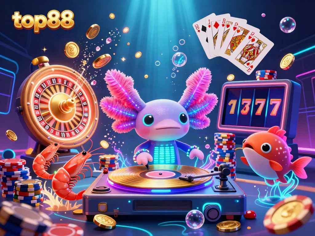 Engage with top88 as the axolotl DJ spins vibrant scenes of casino excitement with dazzling gems and gold coins.