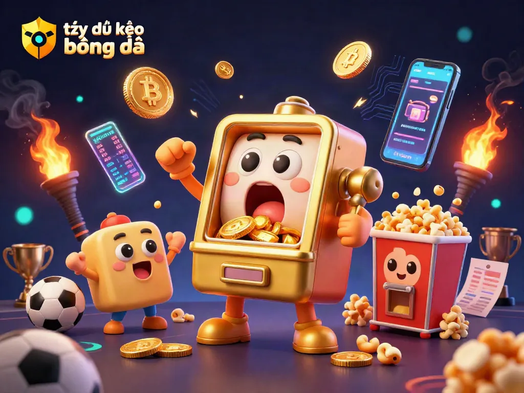 Tỷ lệ kèo bóng đá animated with a golden slot machine celebrating a jackpot, betting elements flying all around
