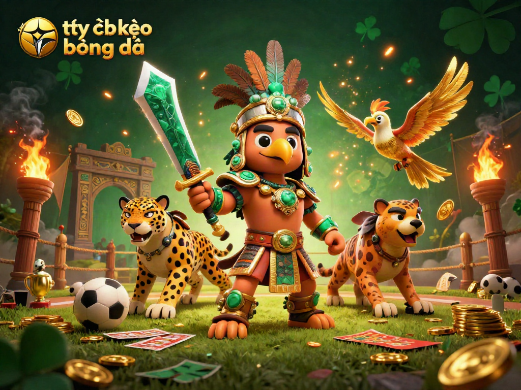 Engage in tỷ lệ kèo bóng đá with an illustration of dynamic sports elements and Aztec figures.