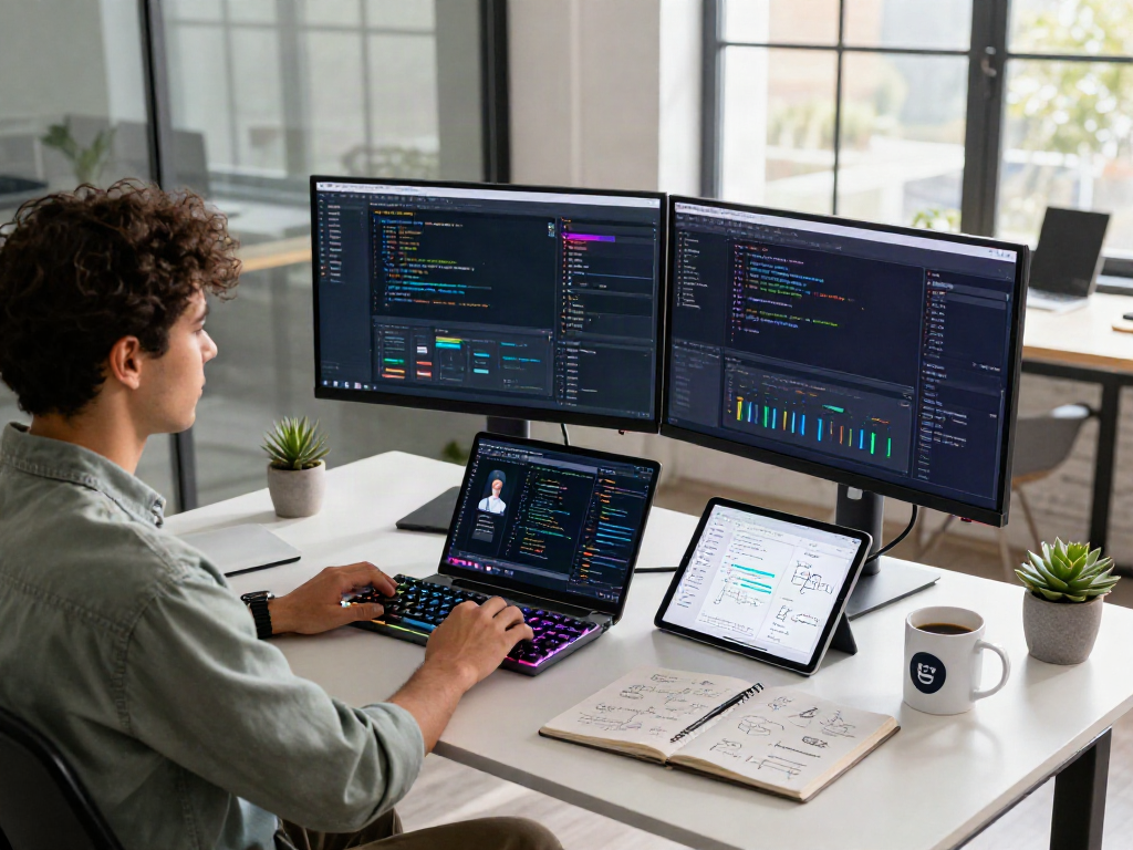Programmer in a modern workspace using crushon ia for innovative software development.