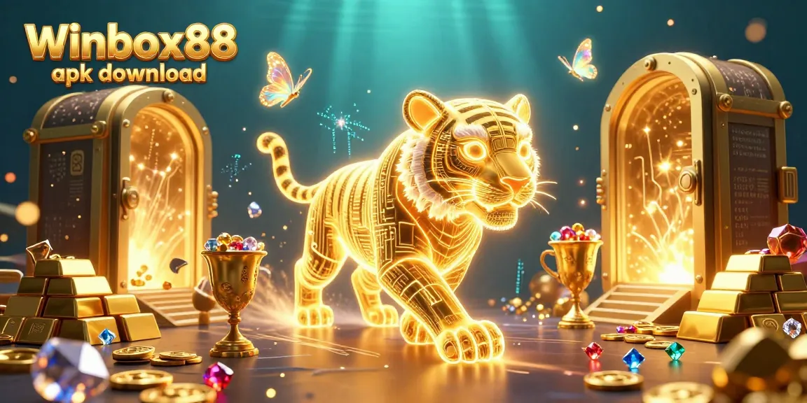 Engage with the vibrant world of Winbox88 apk download, showcasing a neon tiger and golden treasures in a dynamic casino scene.